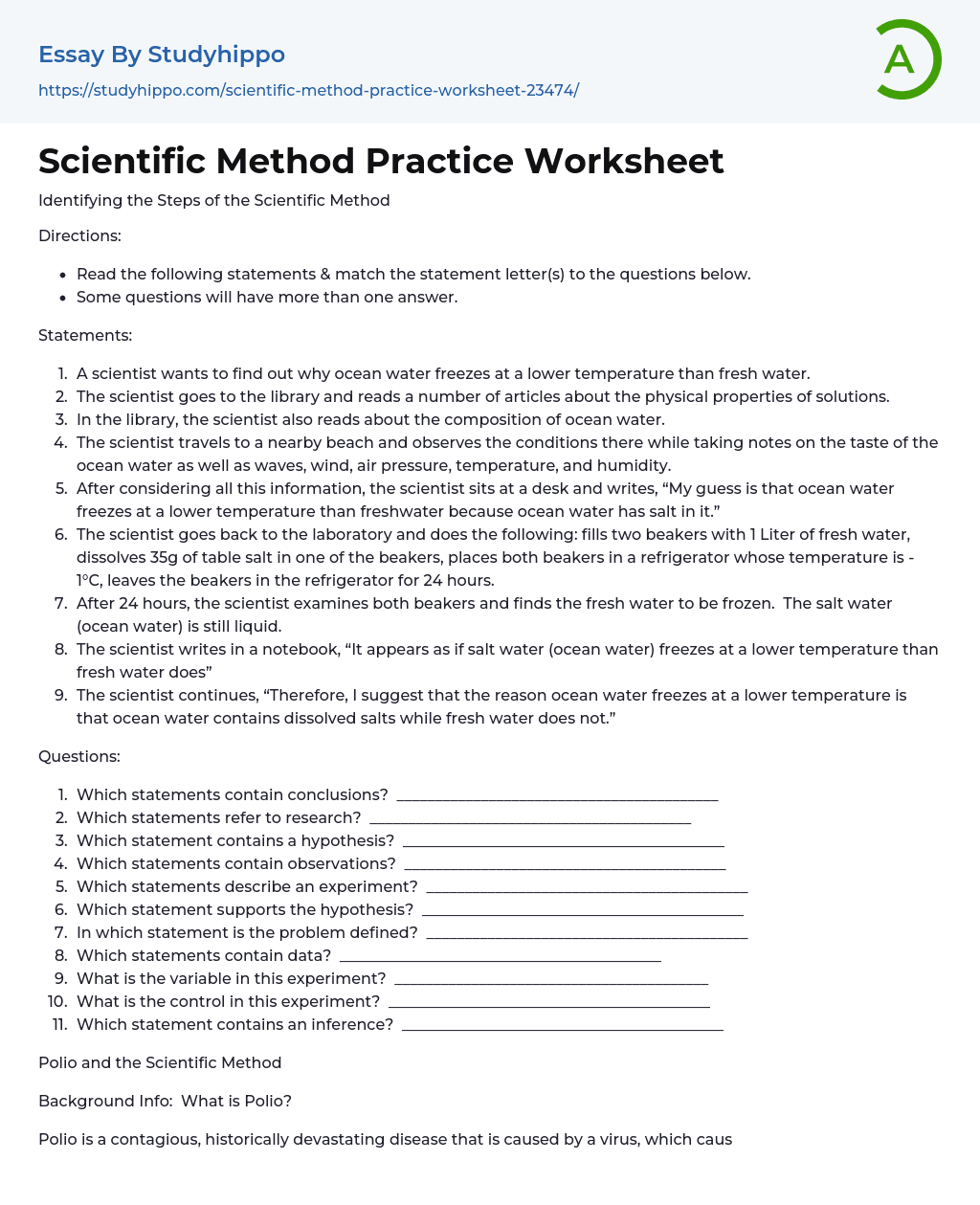 Scientific Method Practice Worksheet Essay Example