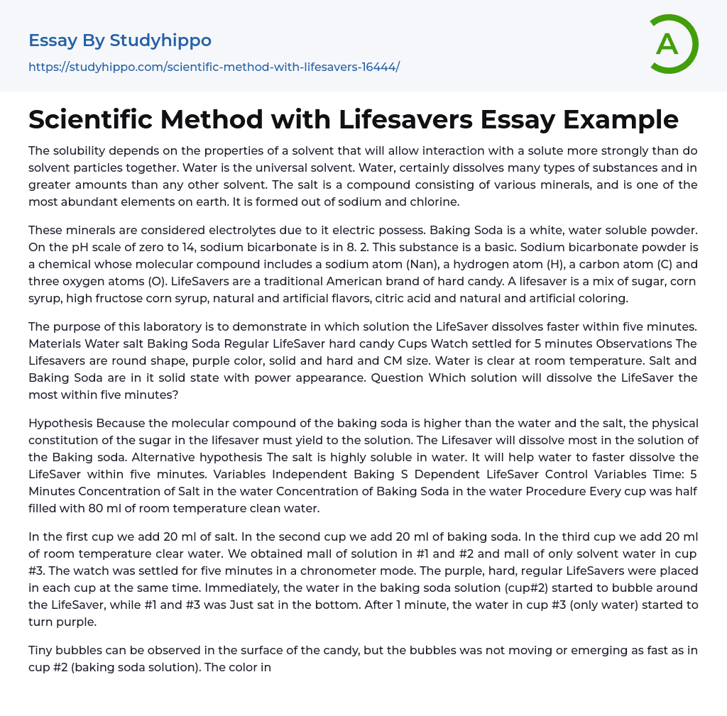Scientific Method with Lifesavers Essay Example