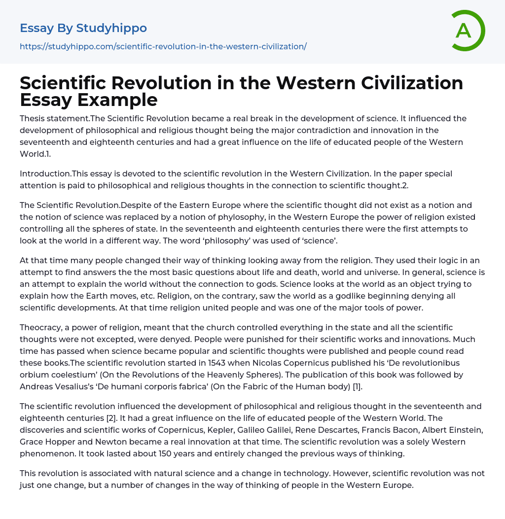 Scientific Revolution in the Western Civilization Essay Example