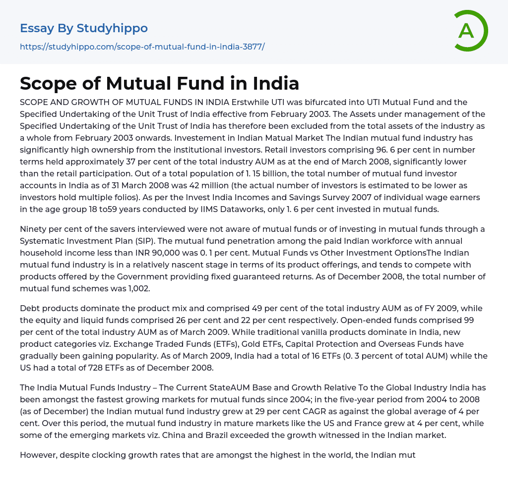 Scope of Mutual Fund in India Essay Example