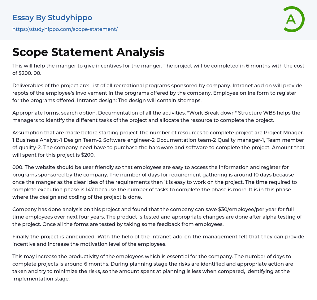 Scope Statement Analysis Essay Example