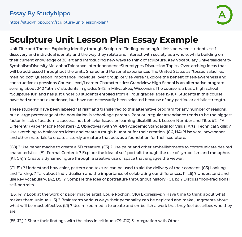 Sculpture Unit Lesson Plan Essay Example
