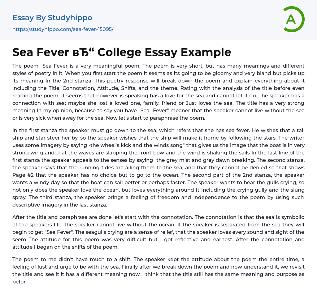 Sea Fever College Essay Example