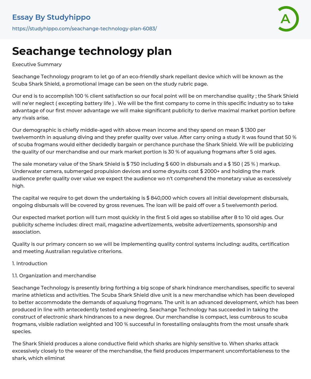 Seachange technology plan Essay Example