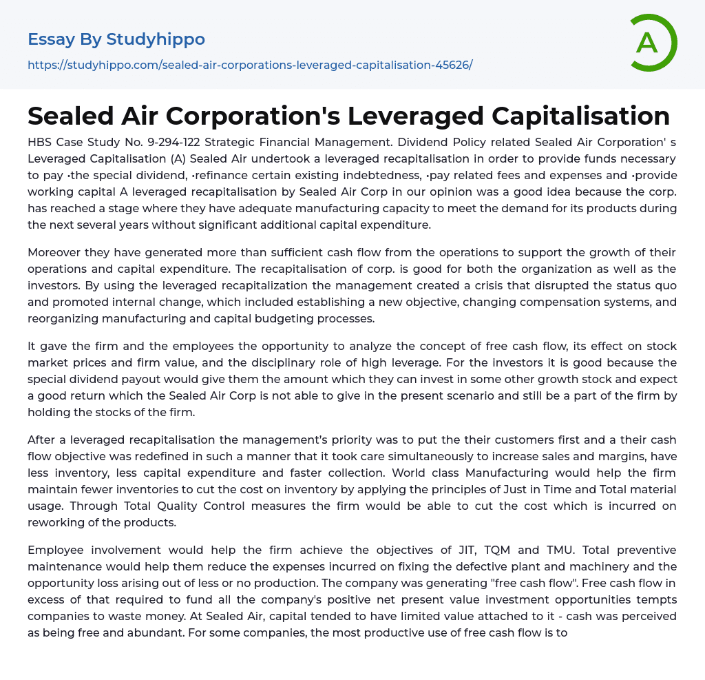Sealed Air Corporation’s Leveraged Capitalisation Essay Example