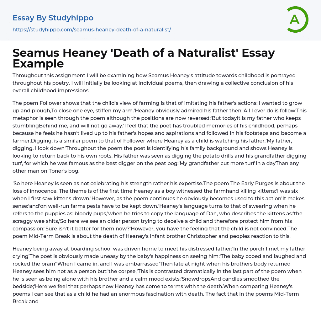 Seamus Heaney ‘Death of a Naturalist’ Essay Example