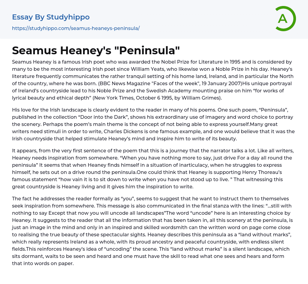 Seamus Heaney’s “Peninsula” Essay Example