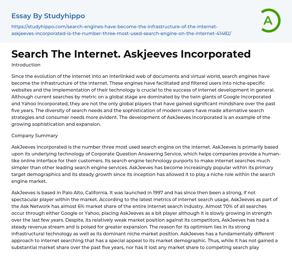 Search The Internet. Askjeeves Incorporated Essay Example