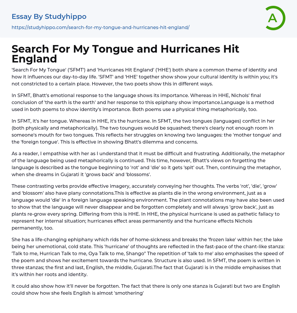 Search For My Tongue and Hurricanes Hit England Essay Example