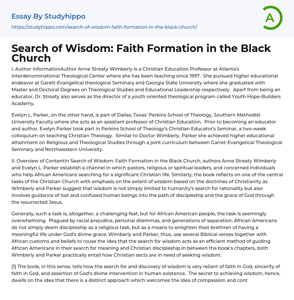 Search of Wisdom: Faith Formation in the Black Church Essay Example