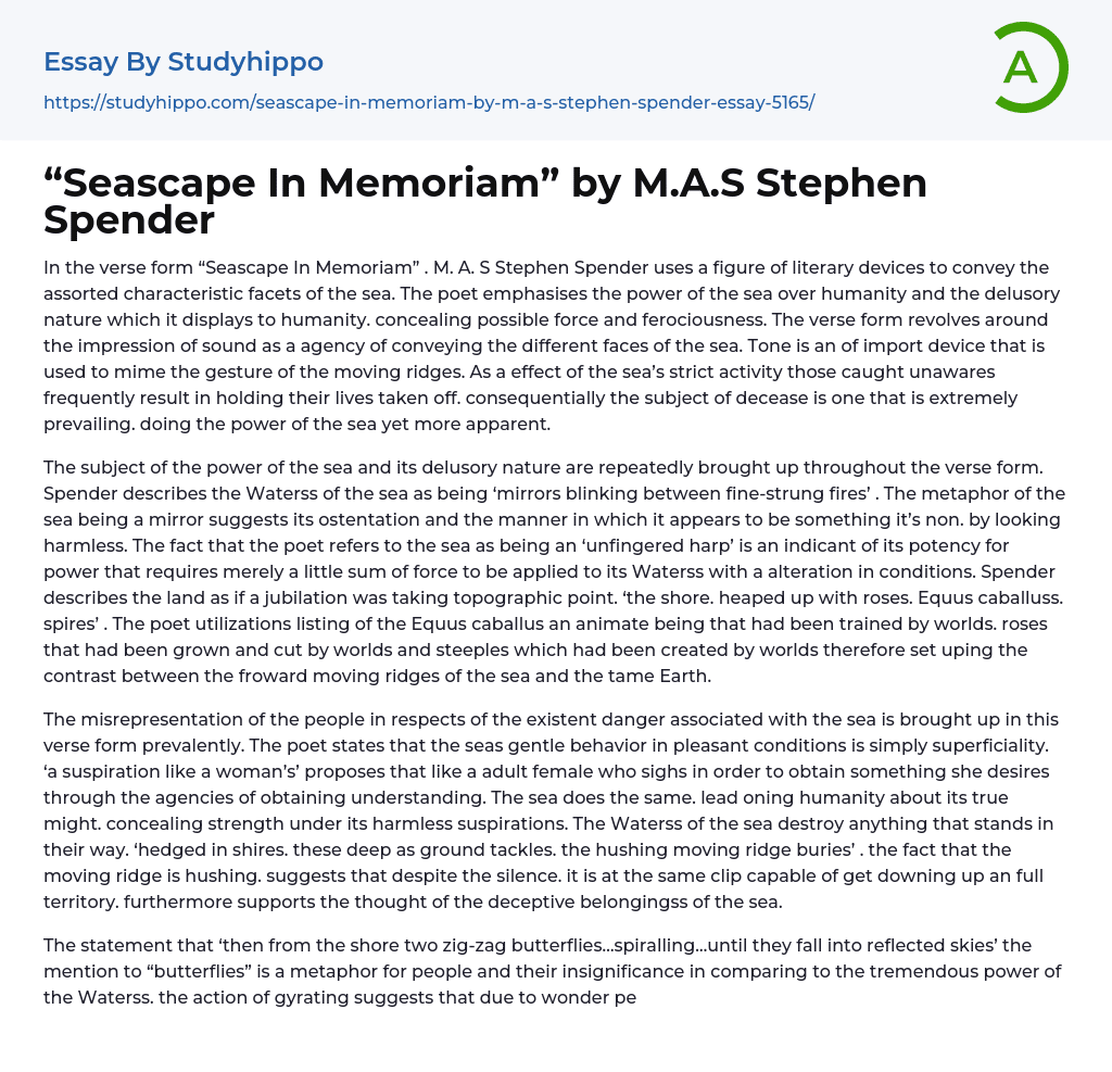 “Seascape In Memoriam” by M.A.S Stephen Spender Essay Example
