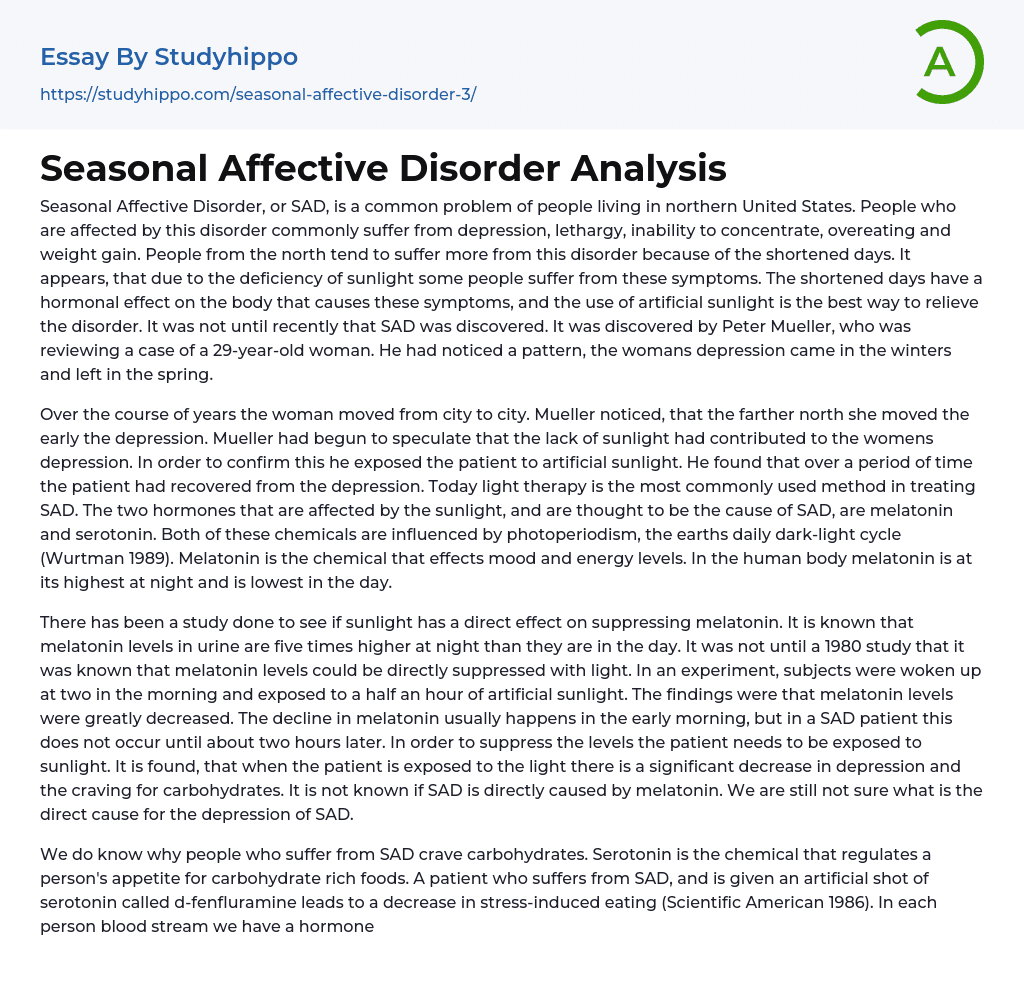 Seasonal Affective Disorder Analysis Essay Example