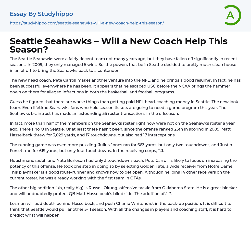 Seattle Seahawks – Will a New Coach Help This Season? Essay Example