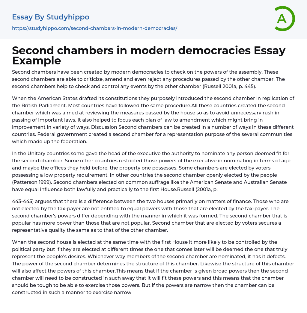 Second chambers in modern democracies Essay Example