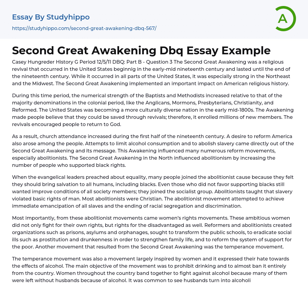 Second Great Awakening Dbq Essay Example