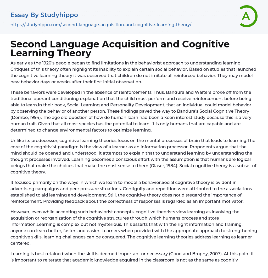 Second Language Acquisition and Cognitive Learning Theory Essay Example