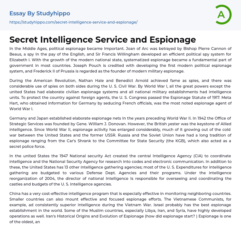 Secret Intelligence Service and Espionage Essay Example