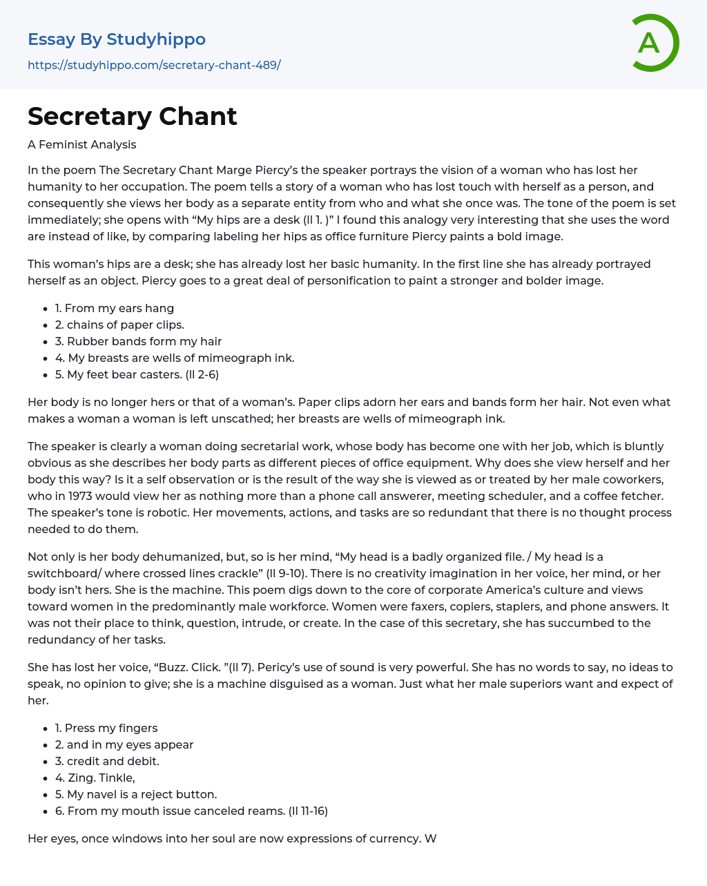 Poem “The Secretary Chant”: A Feminist Analysis Essay Example