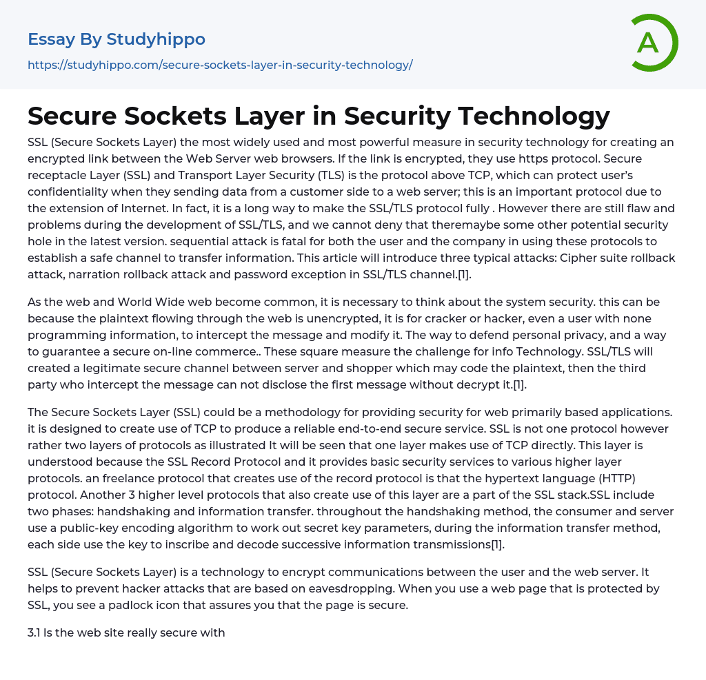 Secure Sockets Layer in Security Technology Essay Example