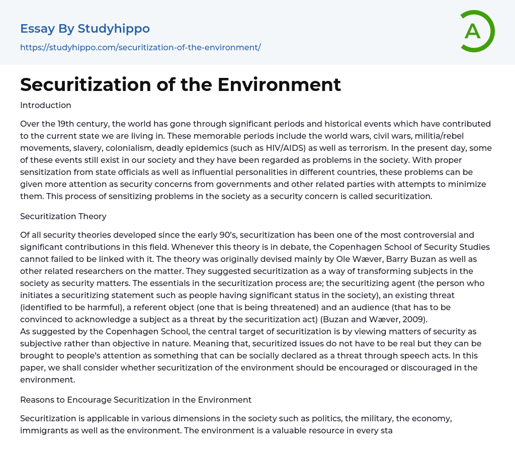 Securitization of the Environment Essay Example