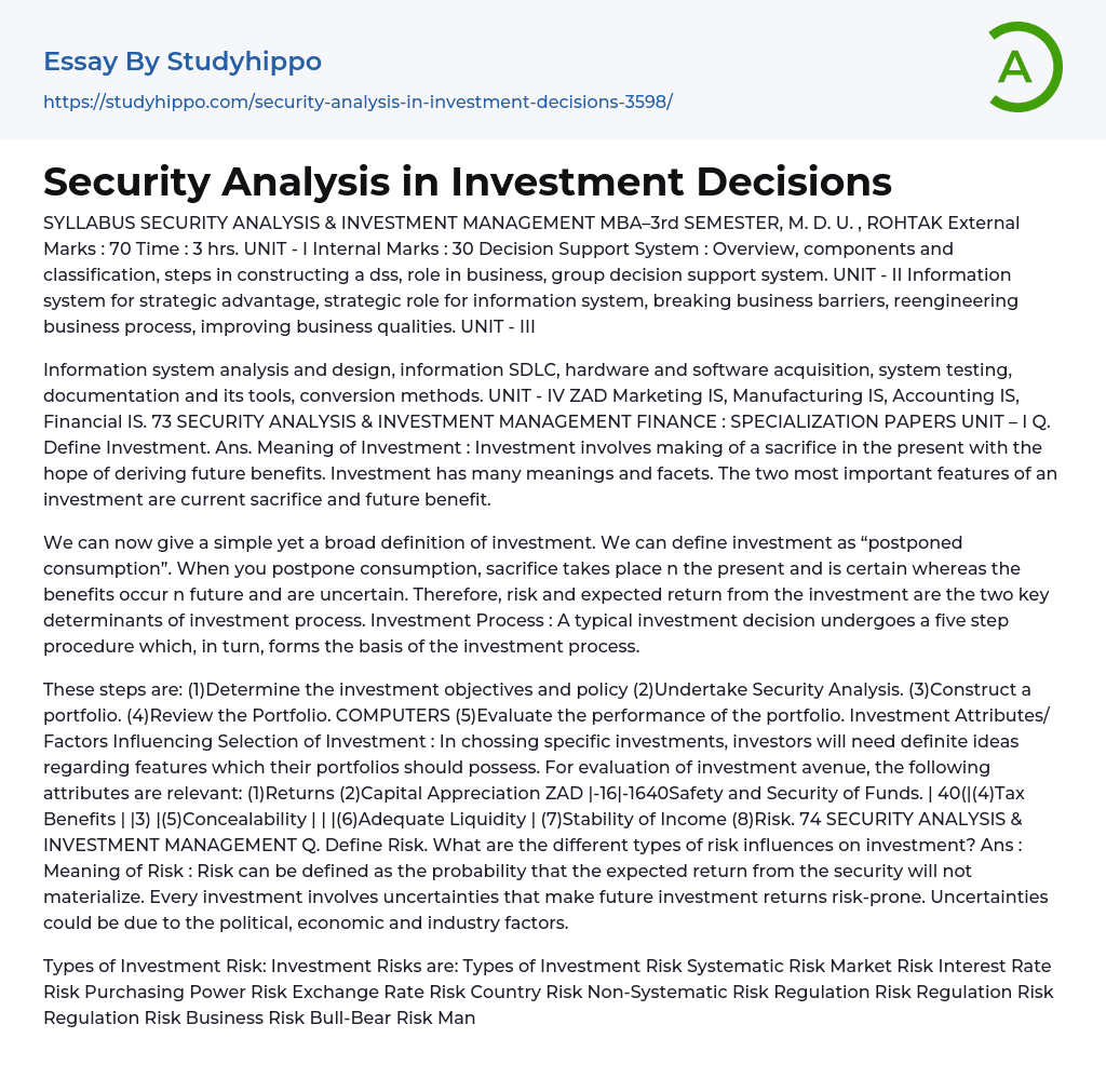 Security Analysis in Investment Decisions Essay Example