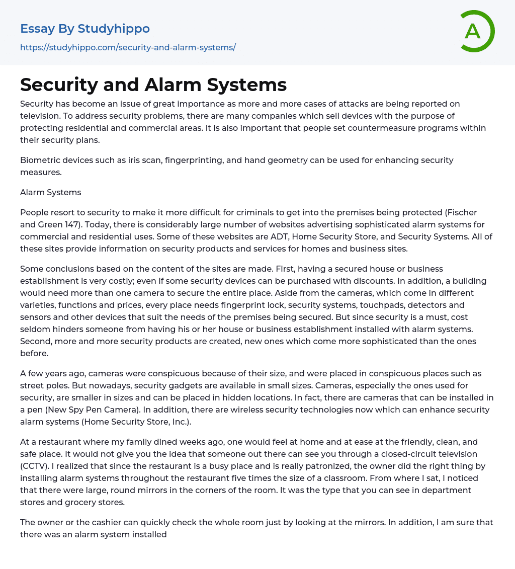 Security and Alarm Systems Essay Example