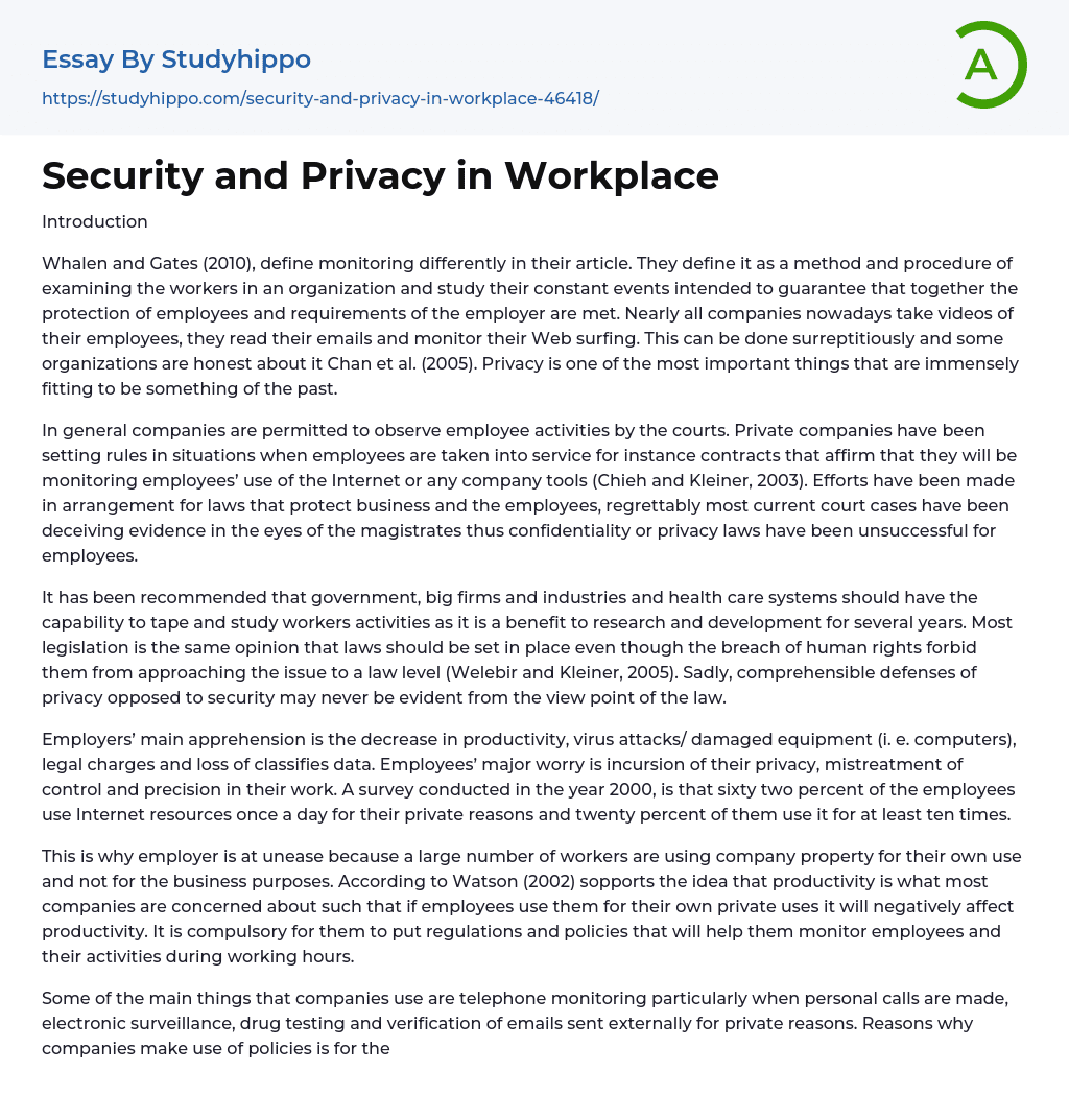 Security and Privacy in Workplace Essay Example