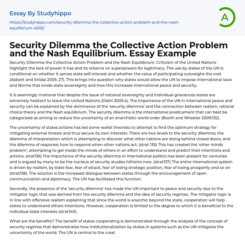 Security Dilemma the Collective Action Problem and the Nash Equilibrium. Essay Example