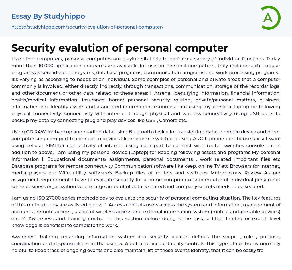 Security evalution of personal computer Essay Example
