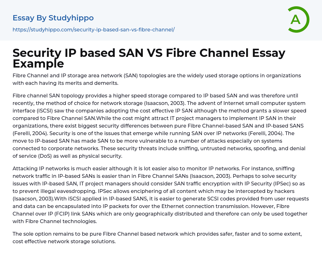 Security IP based SAN VS Fibre Channel Essay Example