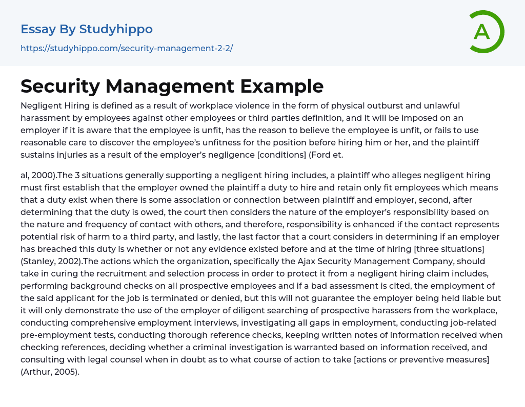 Security Management Example Essay Example