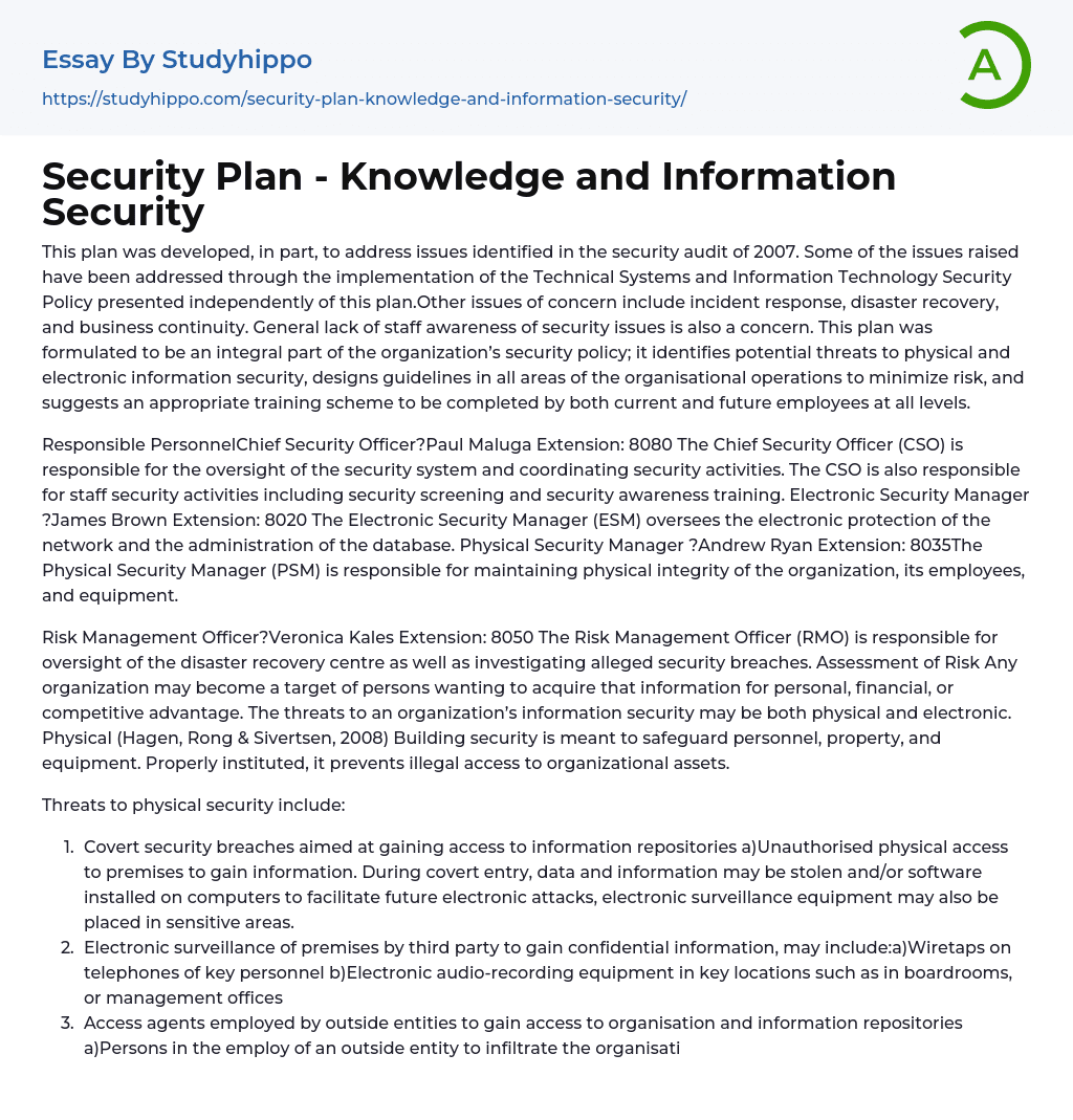 Security Plan – Knowledge and Information Security Essay Example