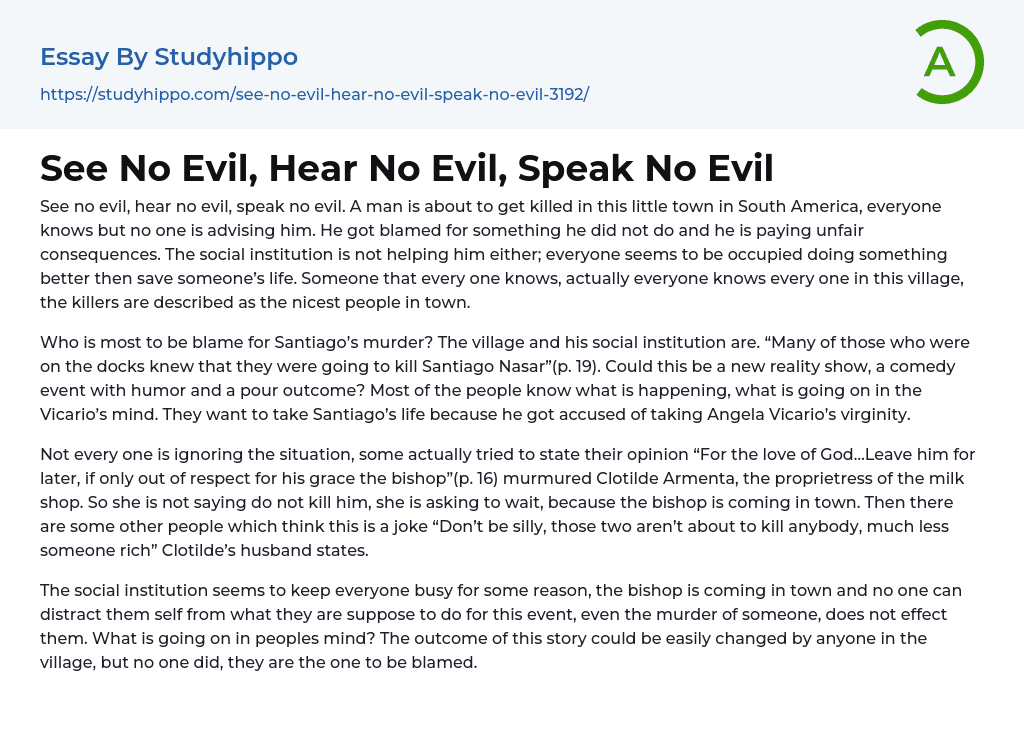 See No Evil, Hear No Evil, Speak No Evil Essay Example