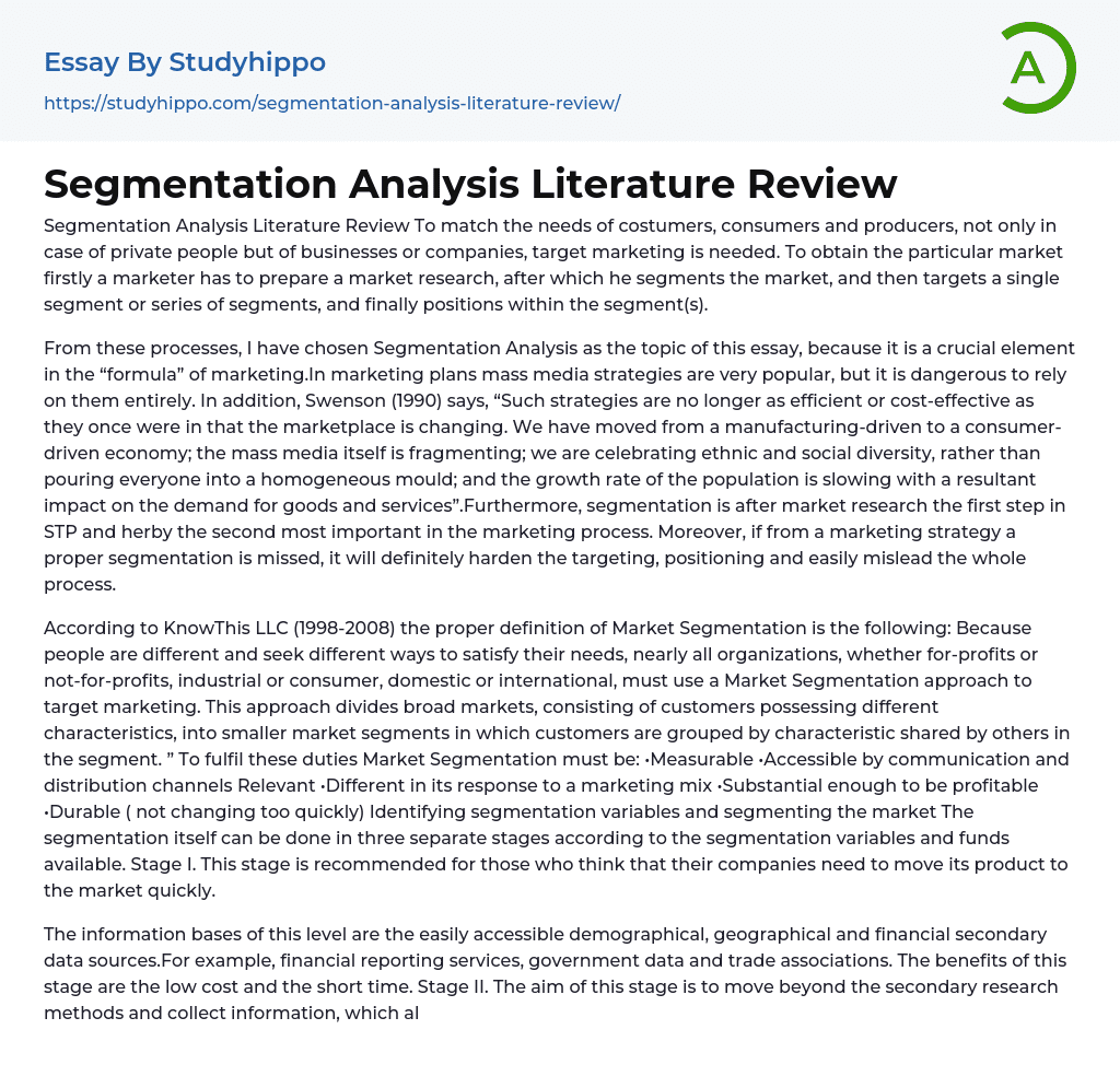 Segmentation Analysis Literature Review Essay Example