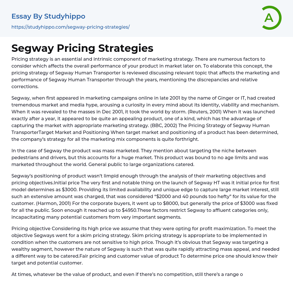 Segway Pricing Strategies Essay Example