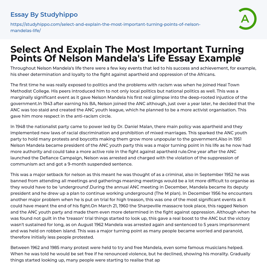 Select And Explain The Most Important Turning Points Of Nelson Mandela’s Life Essay Example