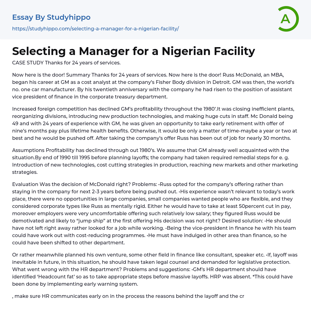 Selecting a Manager for a Nigerian Facility Essay Example