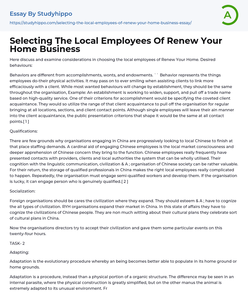 Selecting The Local Employees Of Renew Your Home Business Essay Example