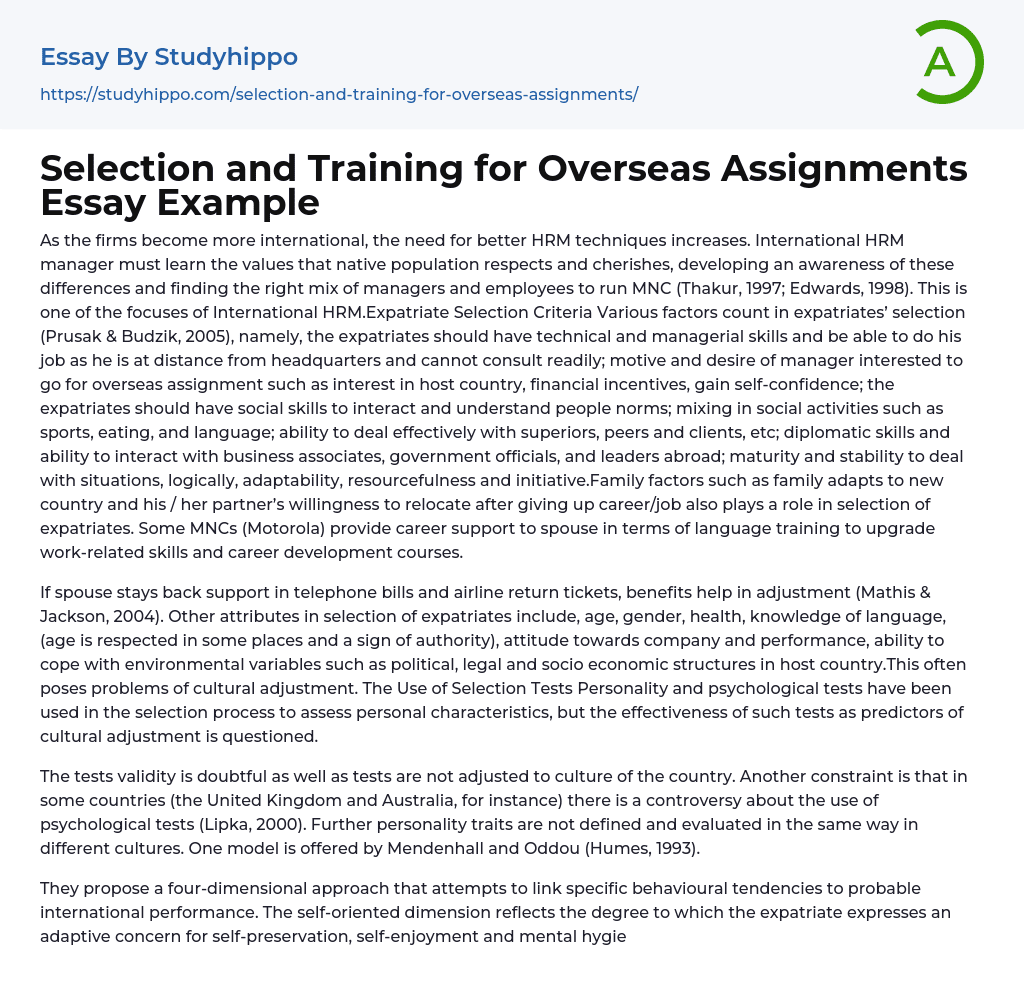 Selection and Training for Overseas Assignments Essay Example