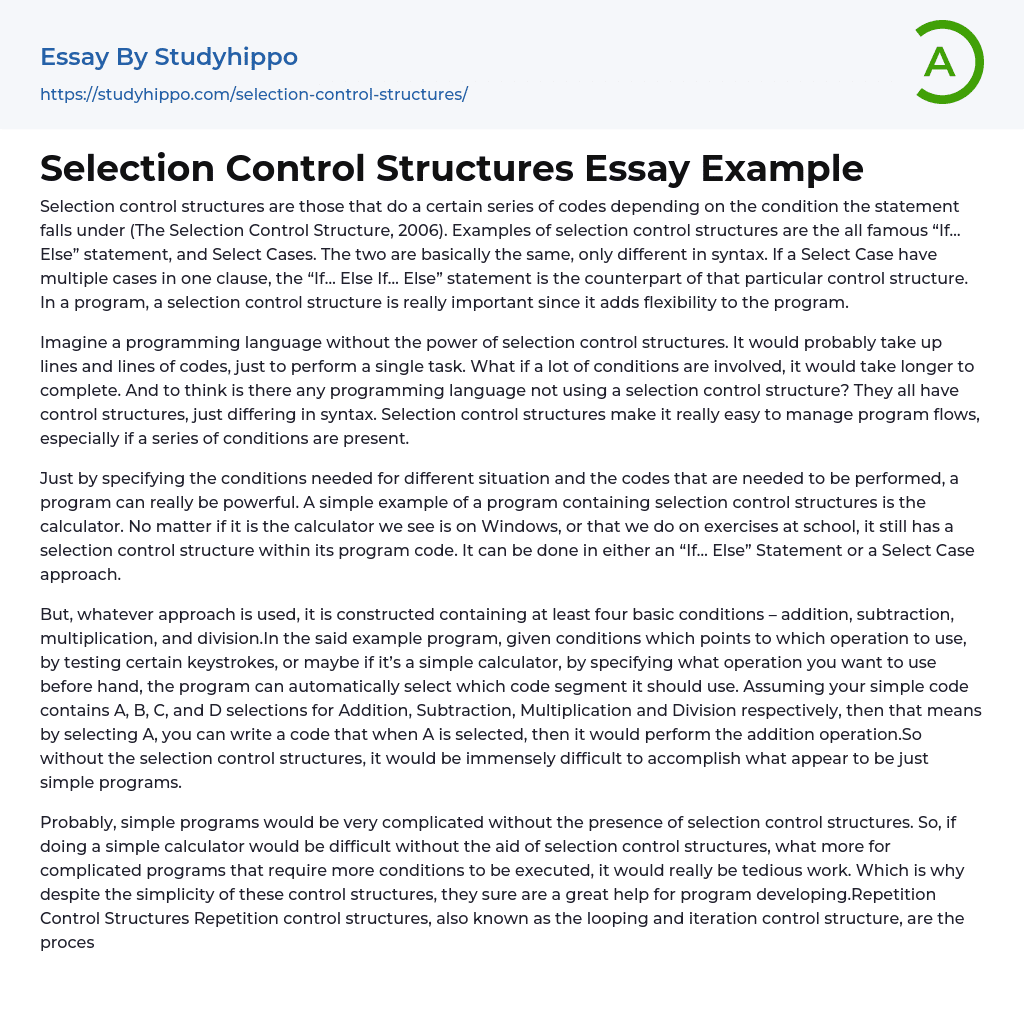 Selection Control Structures Essay Example