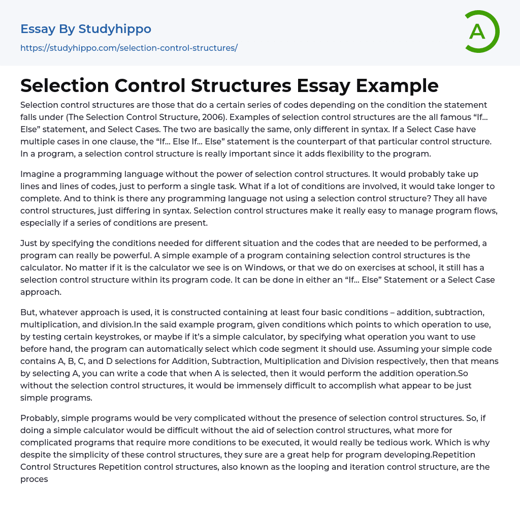 Selection Control Structures Essay Example StudyHippo