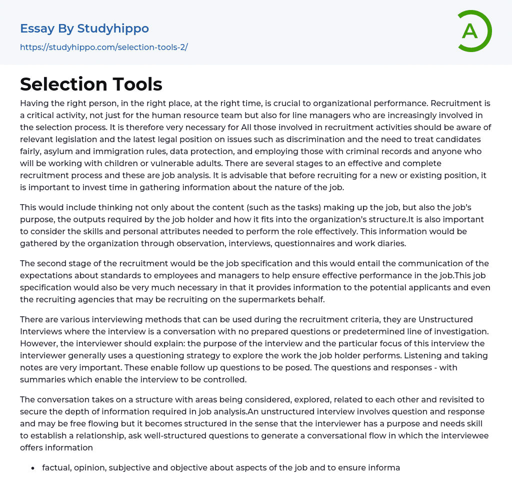 Selection Tools Essay Example