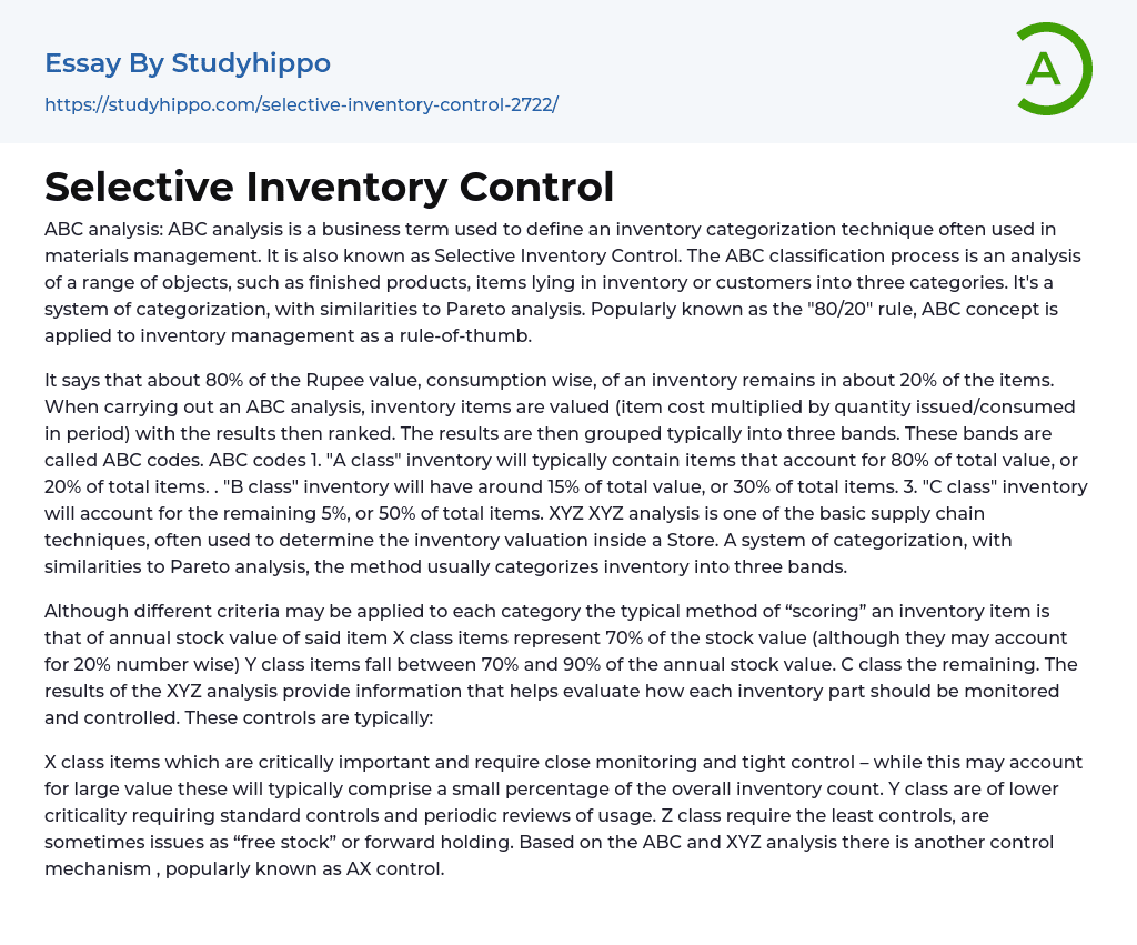 Selective Inventory Control Essay Example