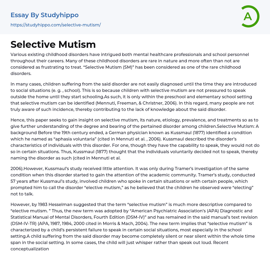 Selective Mutism Essay Example