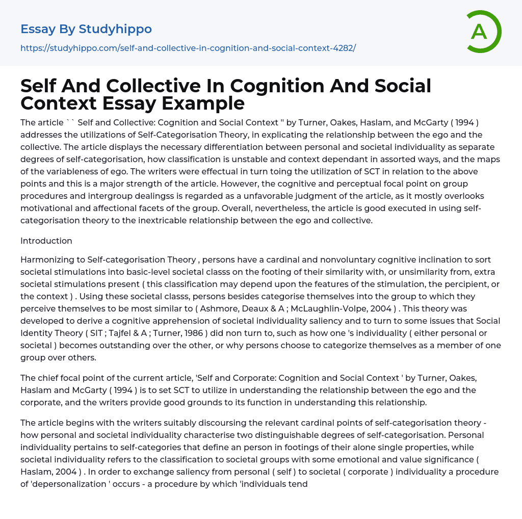 Self And Collective In Cognition And Social Context Essay Example