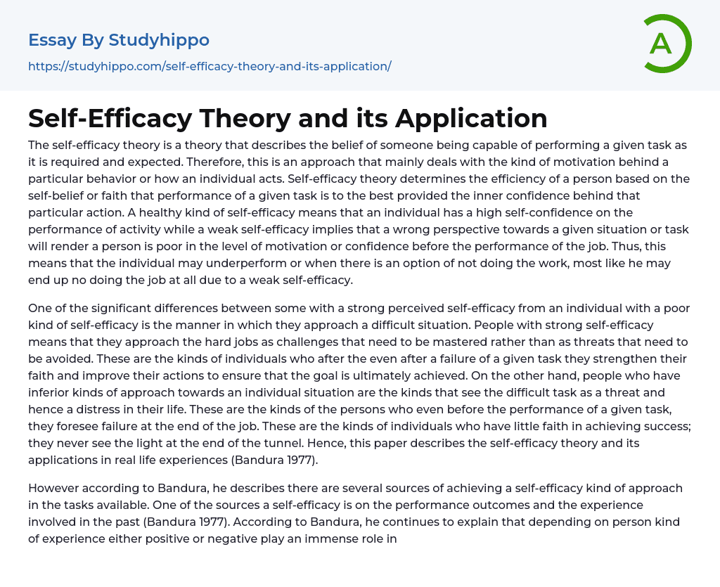 Self Efficacy Theory And Its Application Essay Example StudyHippo