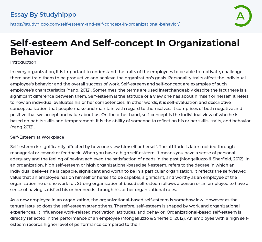 Self-esteem And Self-concept In Organizational Behavior Essay Example
