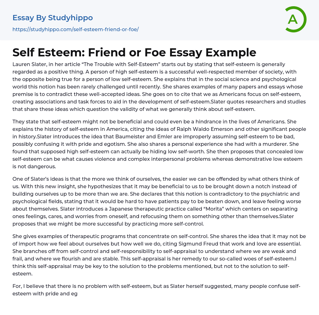 Self Esteem: Friend or Foe Essay Example