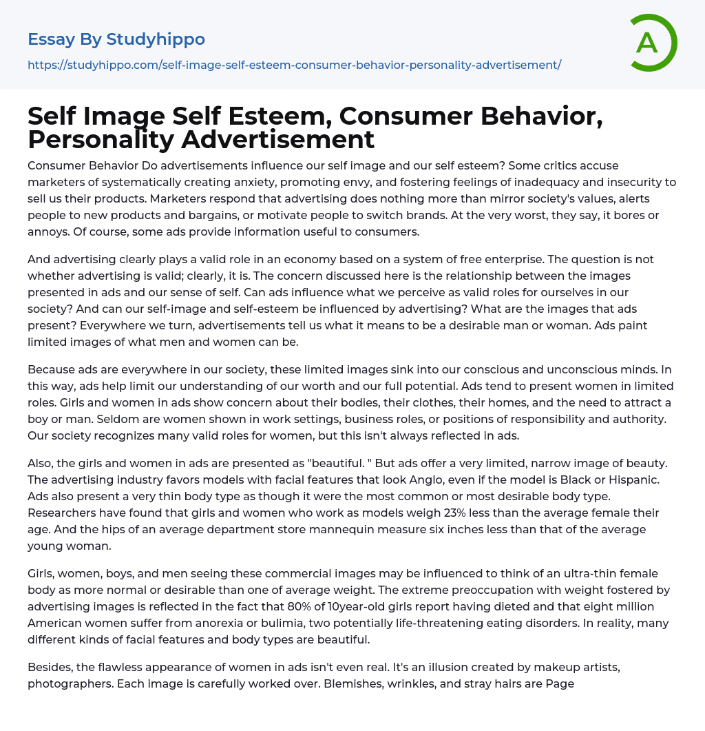 Self Image Self Esteem, Consumer Behavior, Personality Advertisement Essay Example