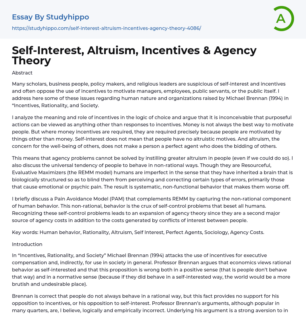 Self-Interest, Altruism, Incentives & Agency Theory Essay Example